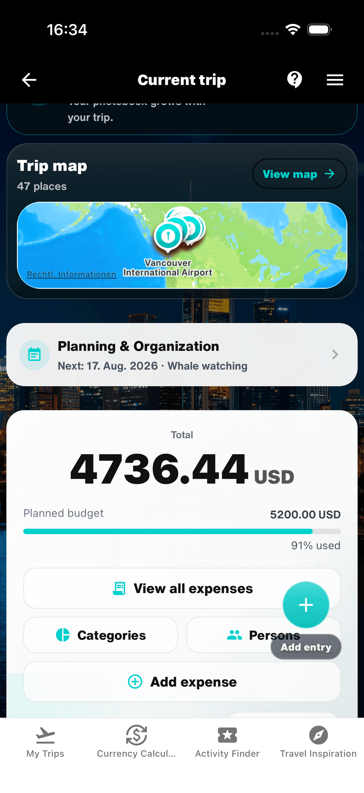 WanderSpend travel budget app screen with a planned trip budget, expense total, categories and shared-cost controls