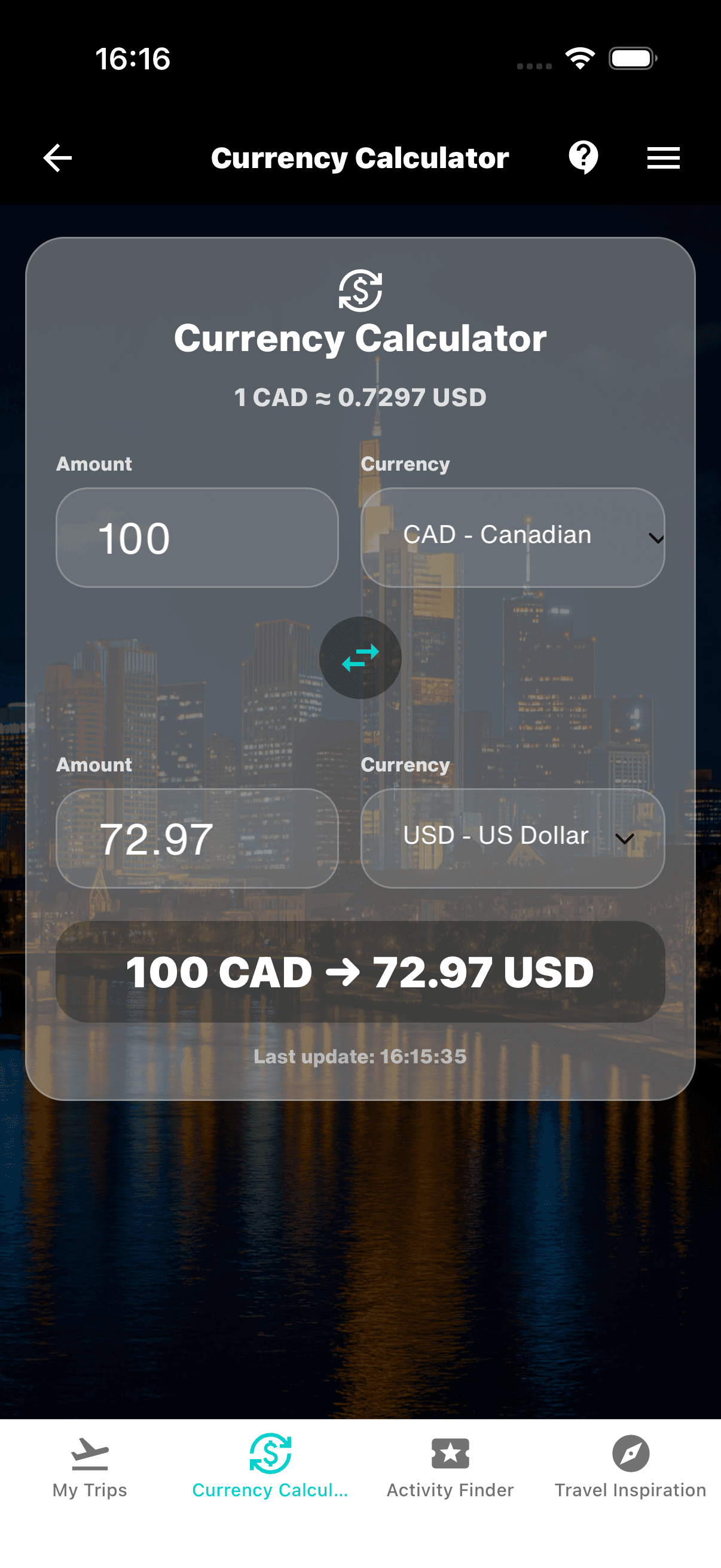 Offline WanderSpend Currency Calculator converting 100 Canadian dollars into US dollars during the Canada Road Trip