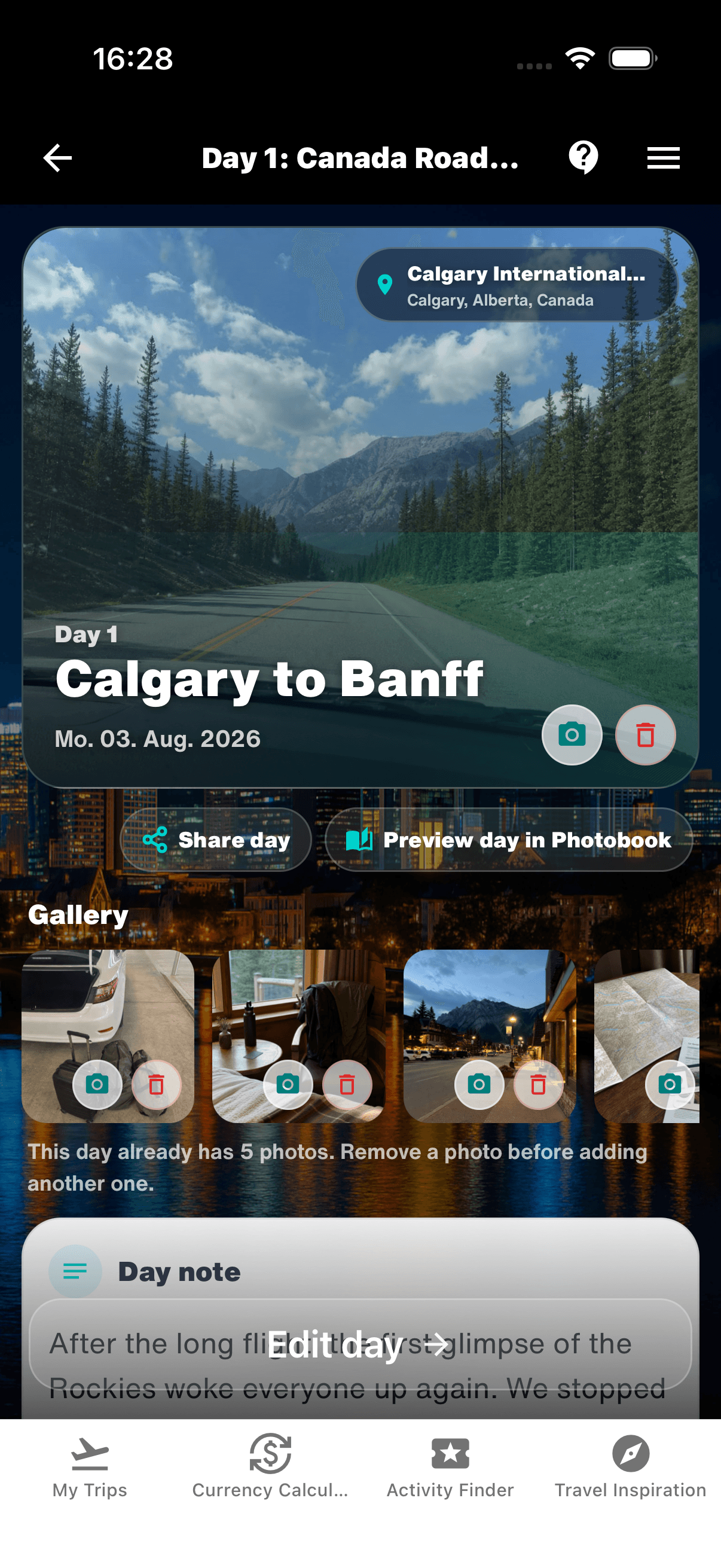 Completed WanderSpend DayCard for day one of the Canada Road Trip with title, place, photos and day note