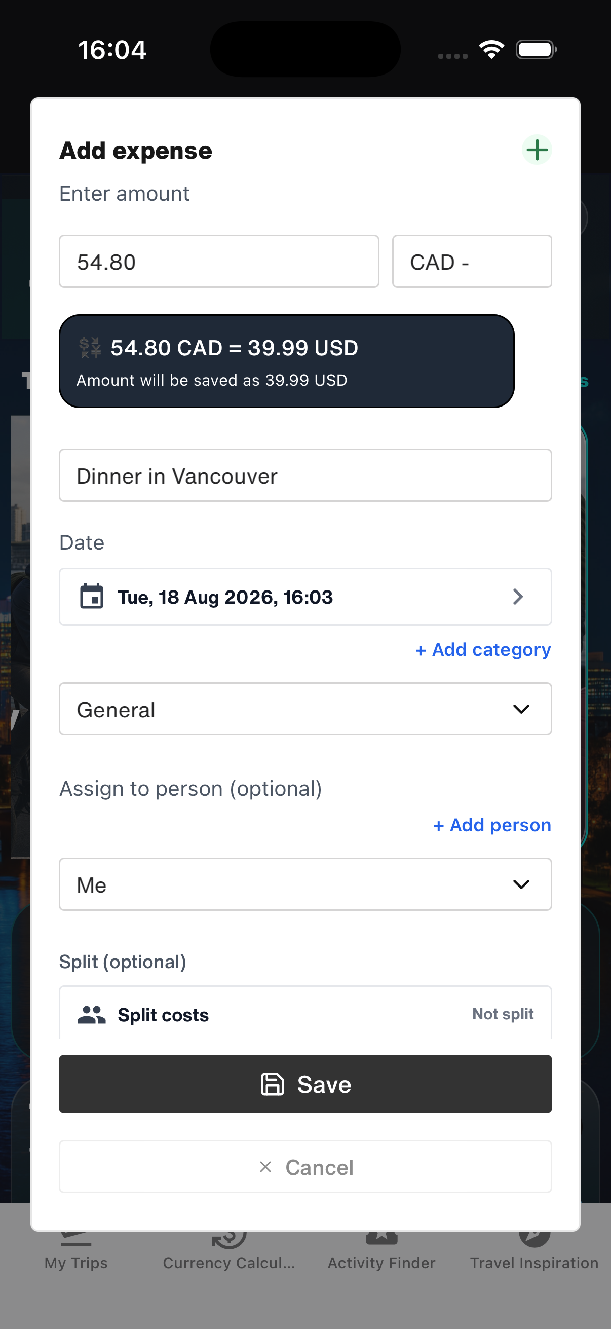 Adding a dinner expense in Canadian dollars with automatic conversion to US dollars in WanderSpend