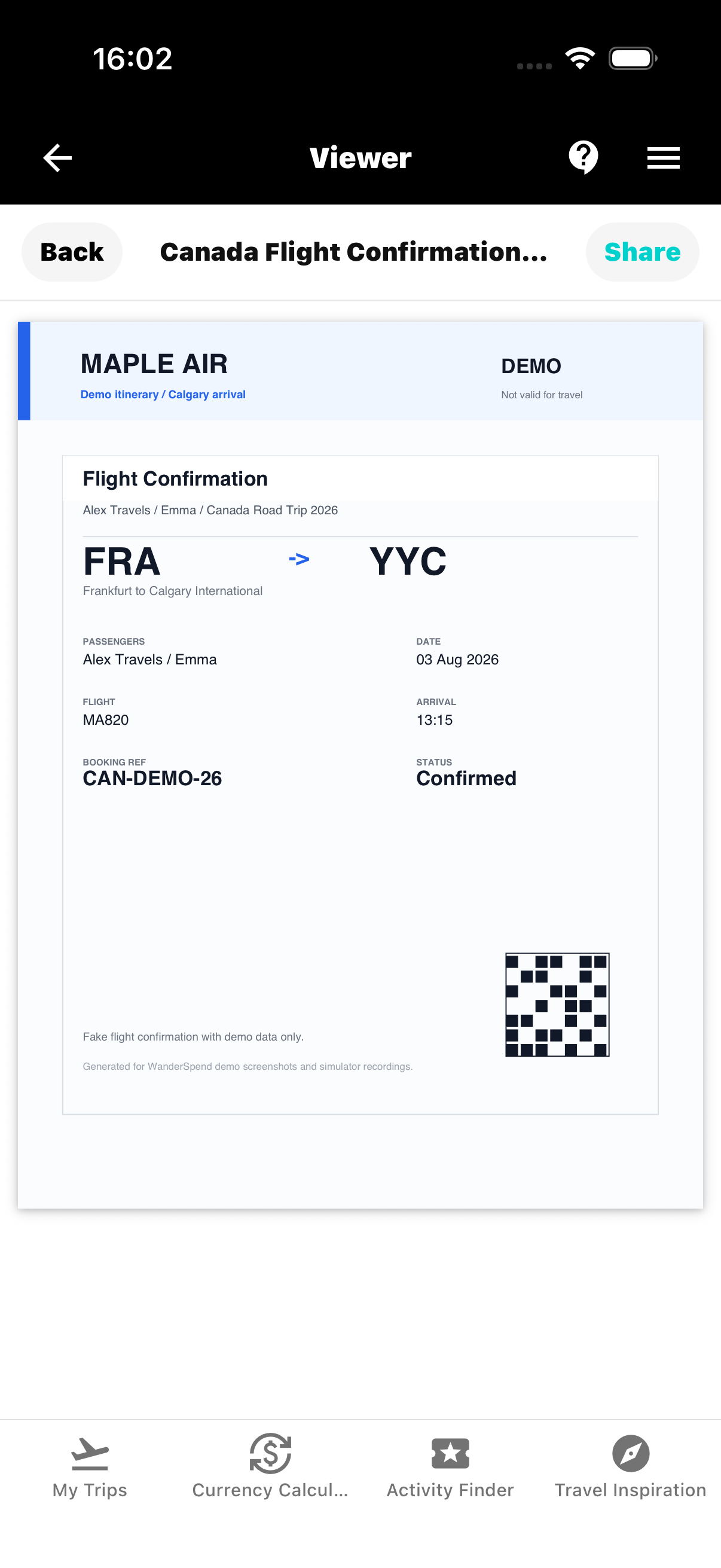 Canada flight confirmation from Frankfurt to Calgary opened in the WanderSpend document viewer