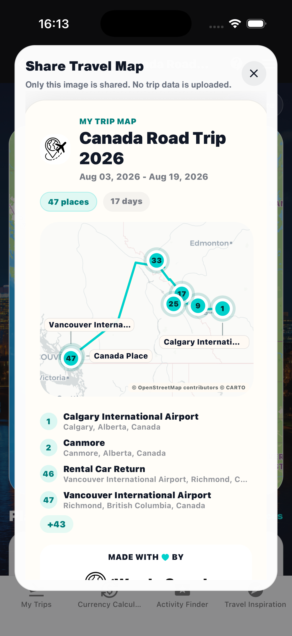 WanderSpend private Trip Map for a Canada road trip with selected places and a shareable route overview