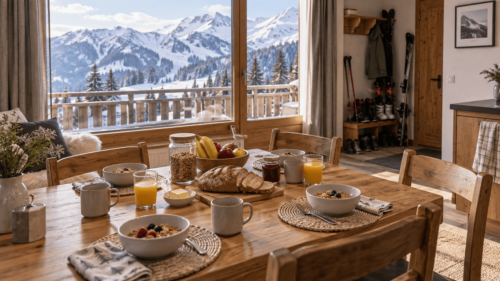 Illustration of breakfast in a simple Alpine apartment, with ski boots drying near the entrance.