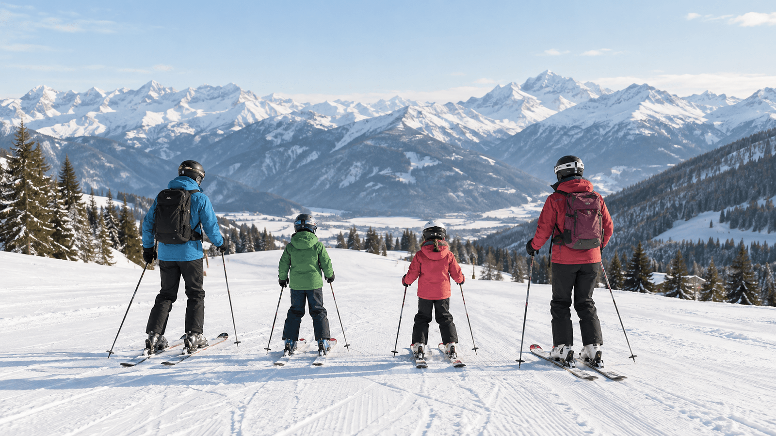 Illustration of two adults and two children wearing helmets on a gentle, snow-covered Alpine ski slope.