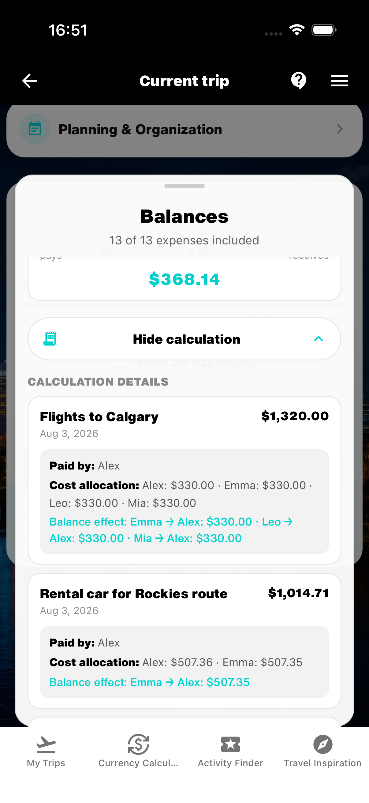 WanderSpend calculation details showing an expense, payer, cost allocation and balance effect