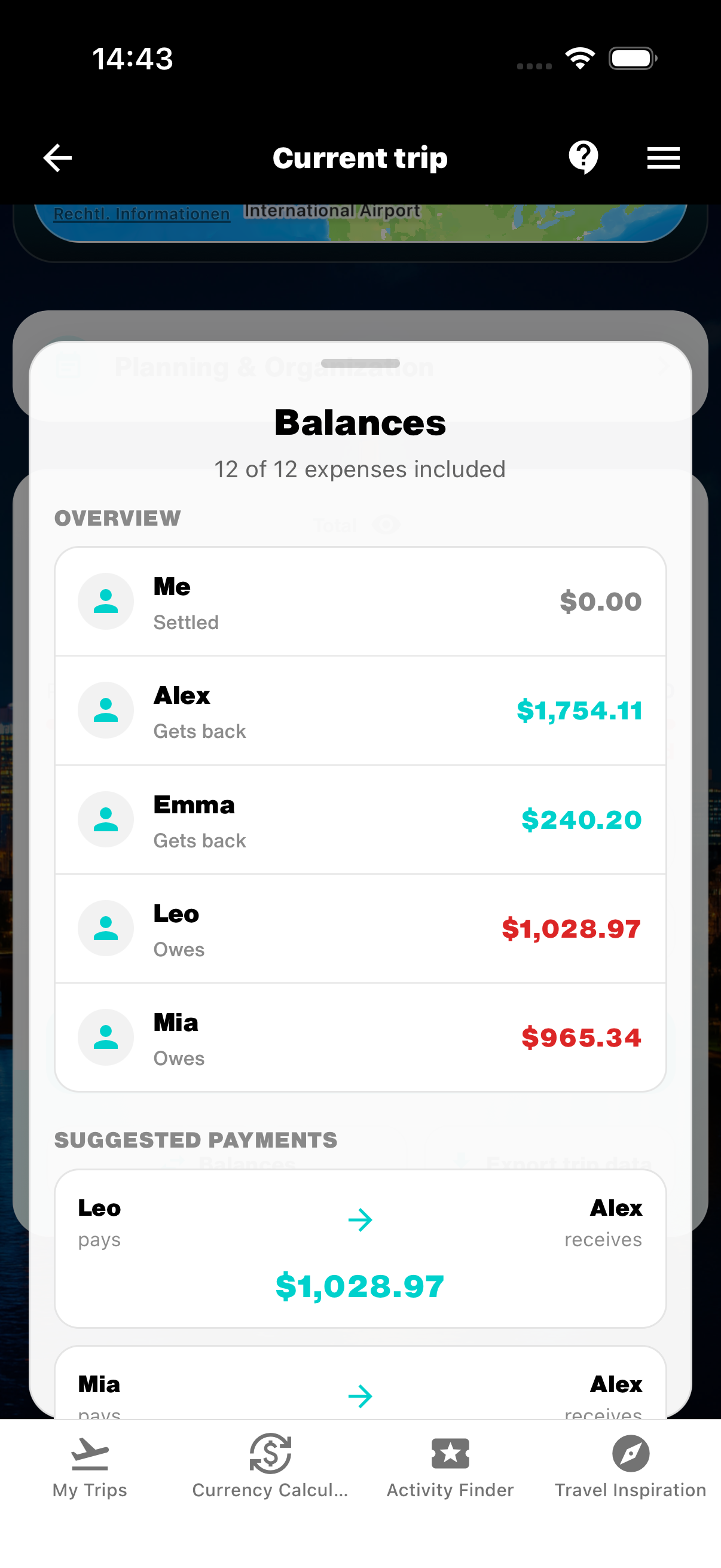 Upcoming WanderSpend balance overview for the Canada Road Trip with each person's open amount