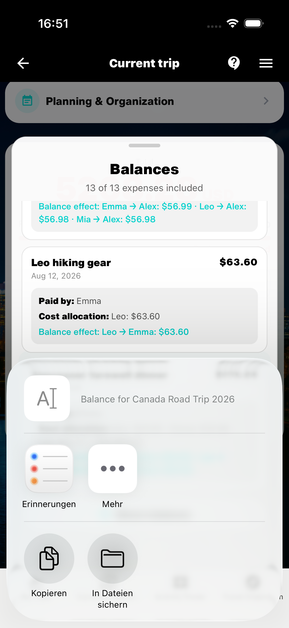 Shared WanderSpend balance statement with suggested payments and the complete calculation