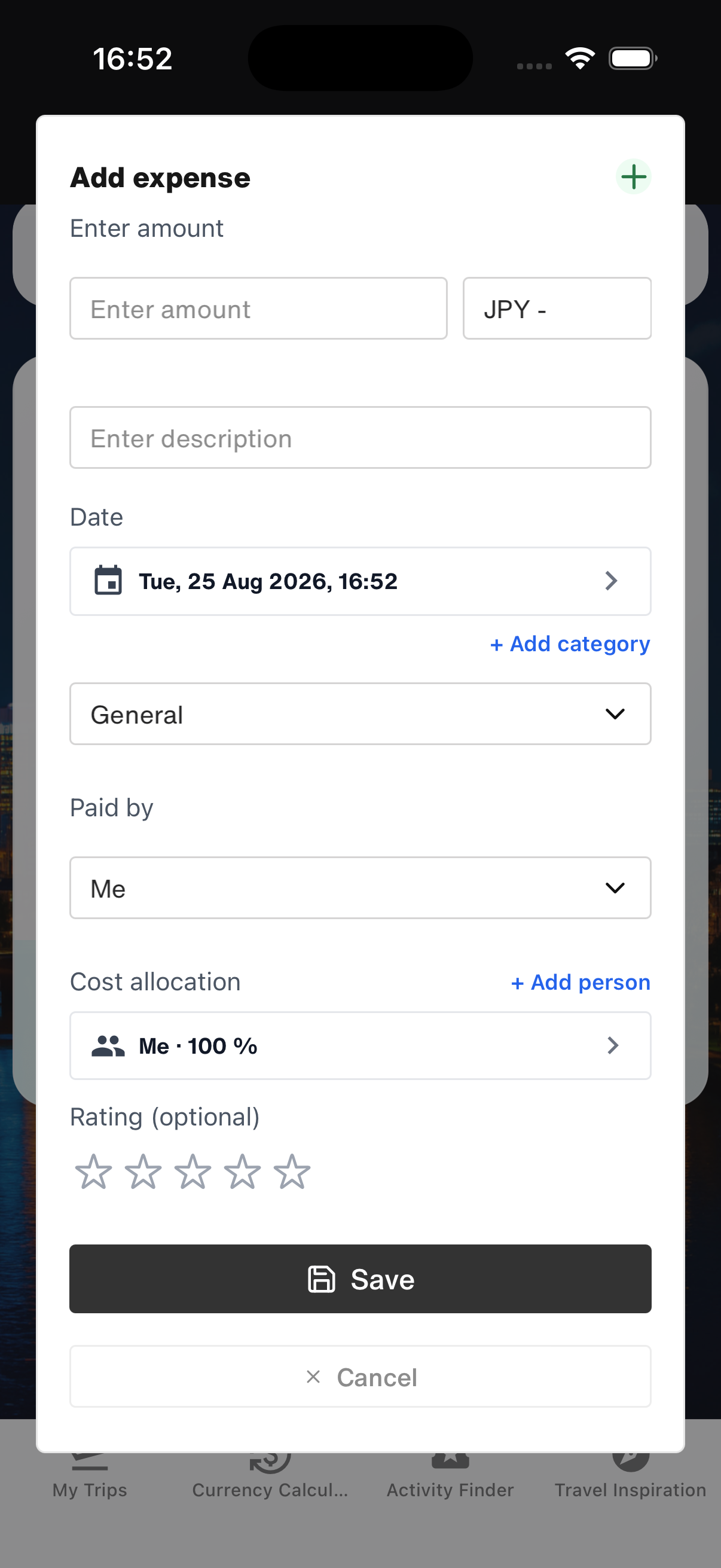 WanderSpend expense entry with a selected payer and a 100 percent cost allocation