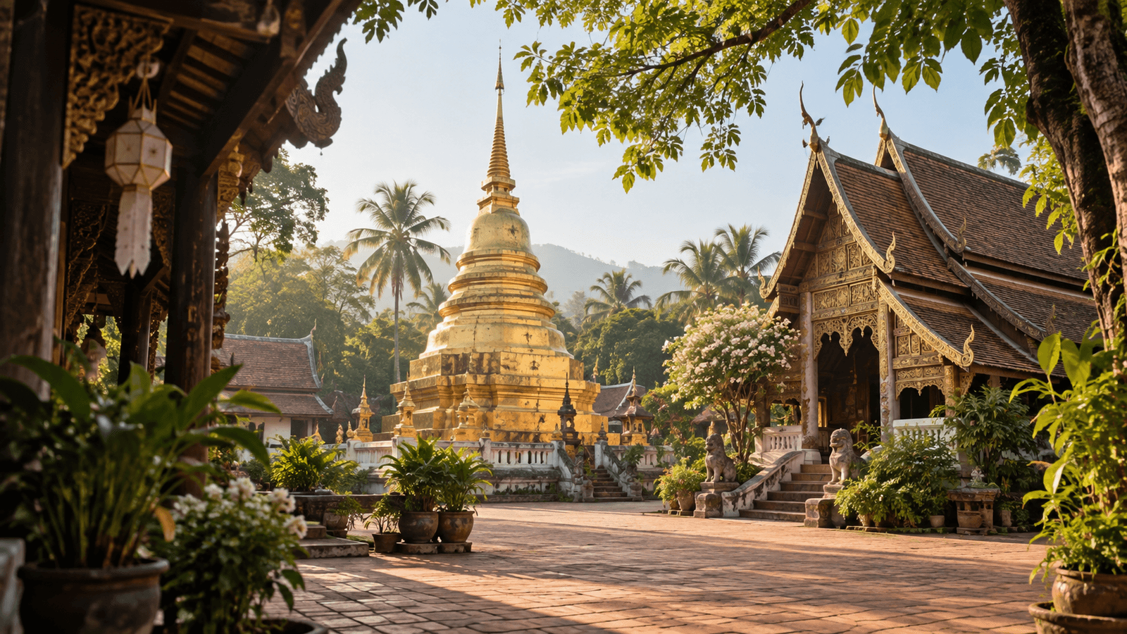 Illustration of a quiet temple courtyard with trees and warm morning light in Chiang Mai.
