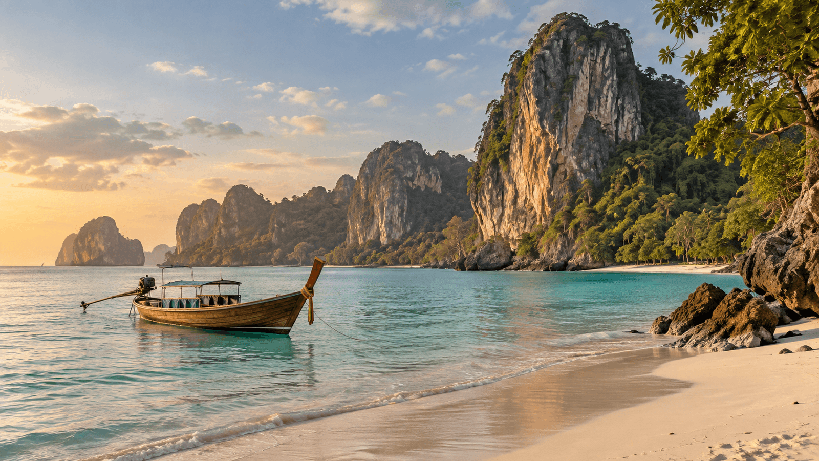 Illustration of a long-tail boat beside limestone cliffs and calm water on Thailand’s Andaman coast.