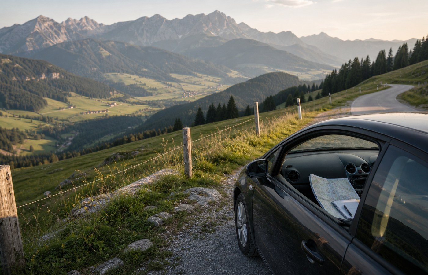 Car at a viewpoint above an alpine valley