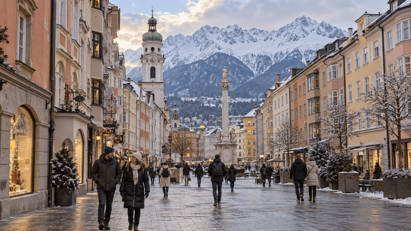 AI illustration of a winter city scene inspired by Innsbruck, with an Alpine backdrop.