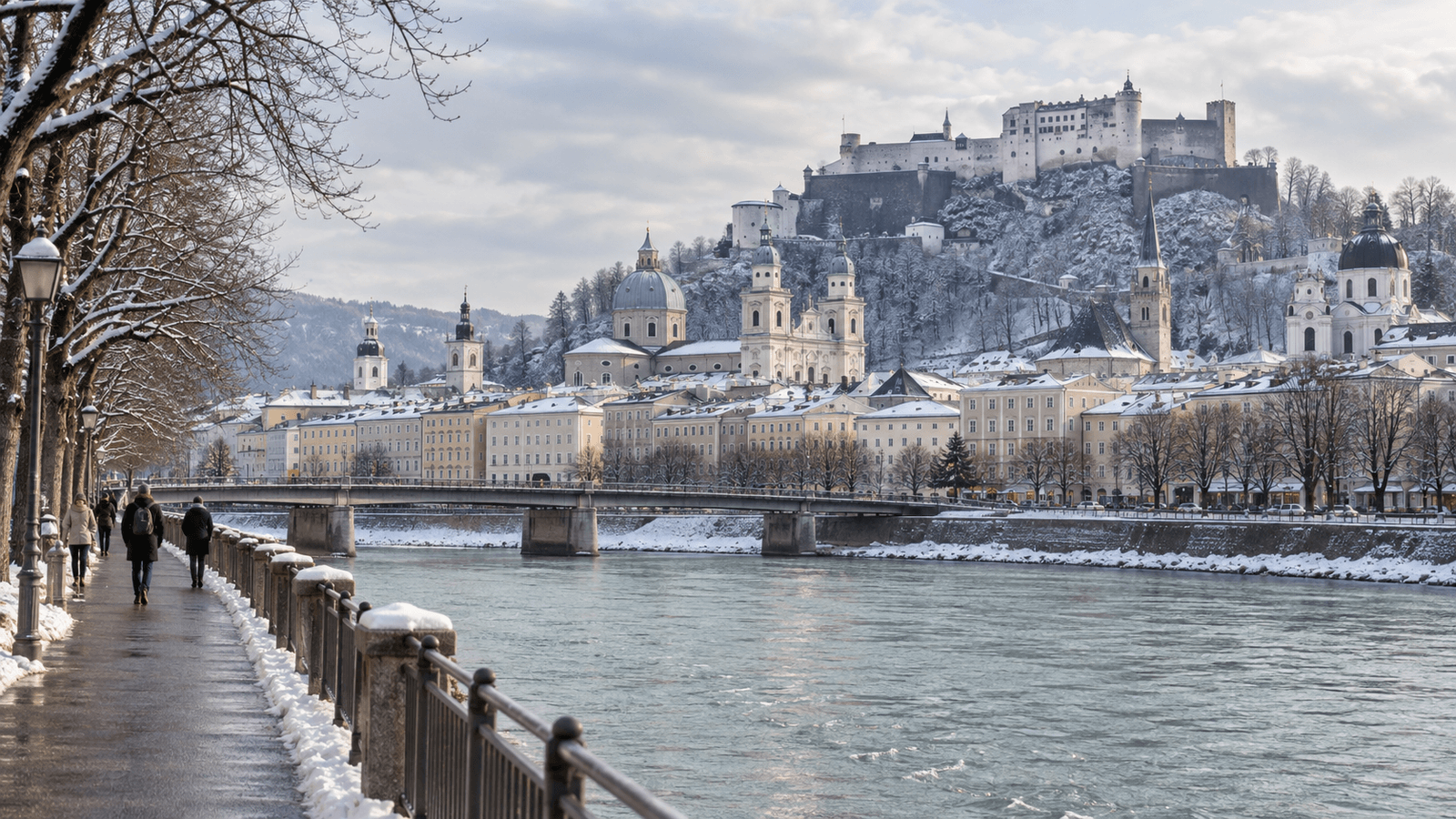 AI illustration of a winter old-town scene inspired by Salzburg.