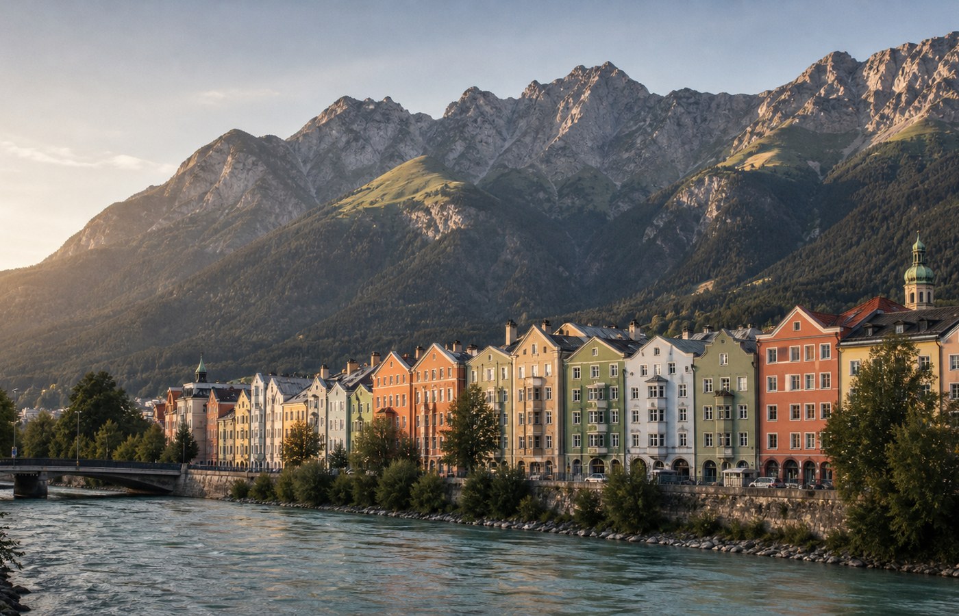 Riverside buildings beneath steep mountains