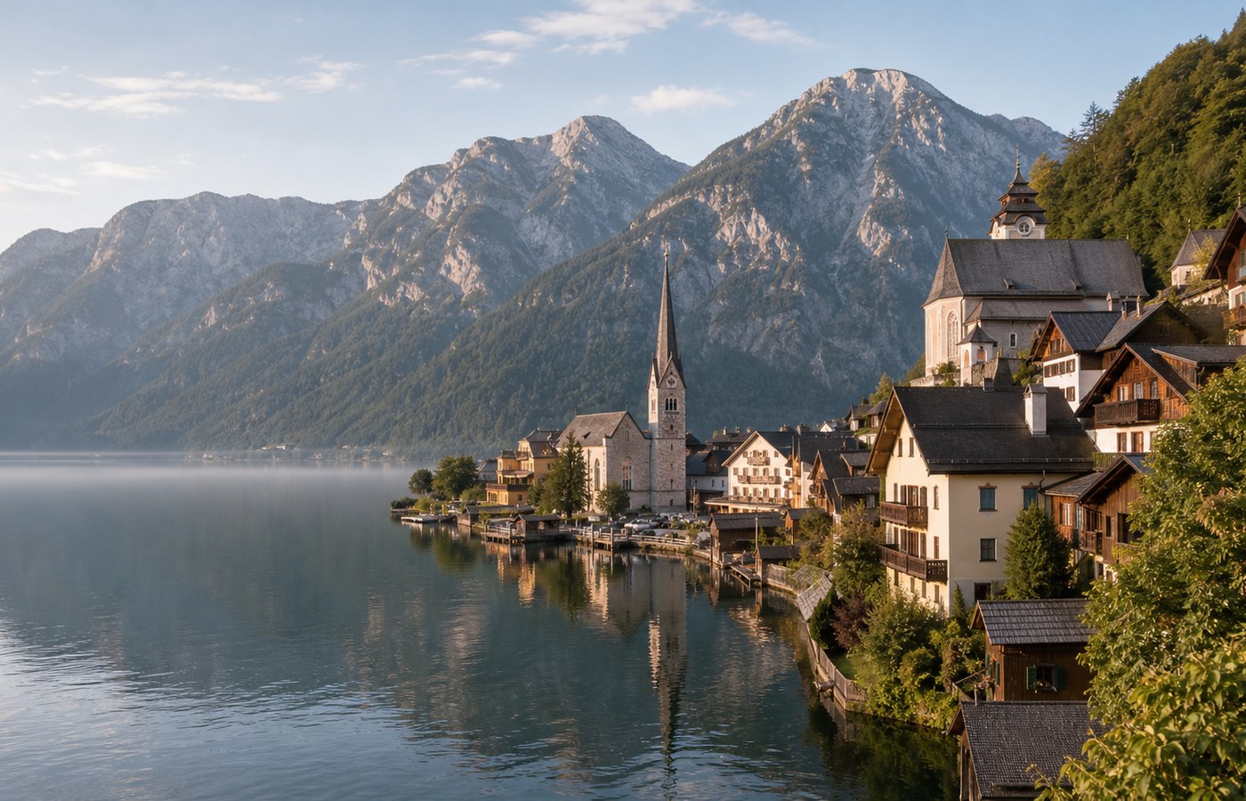 Lakeside village with a church tower below mountains