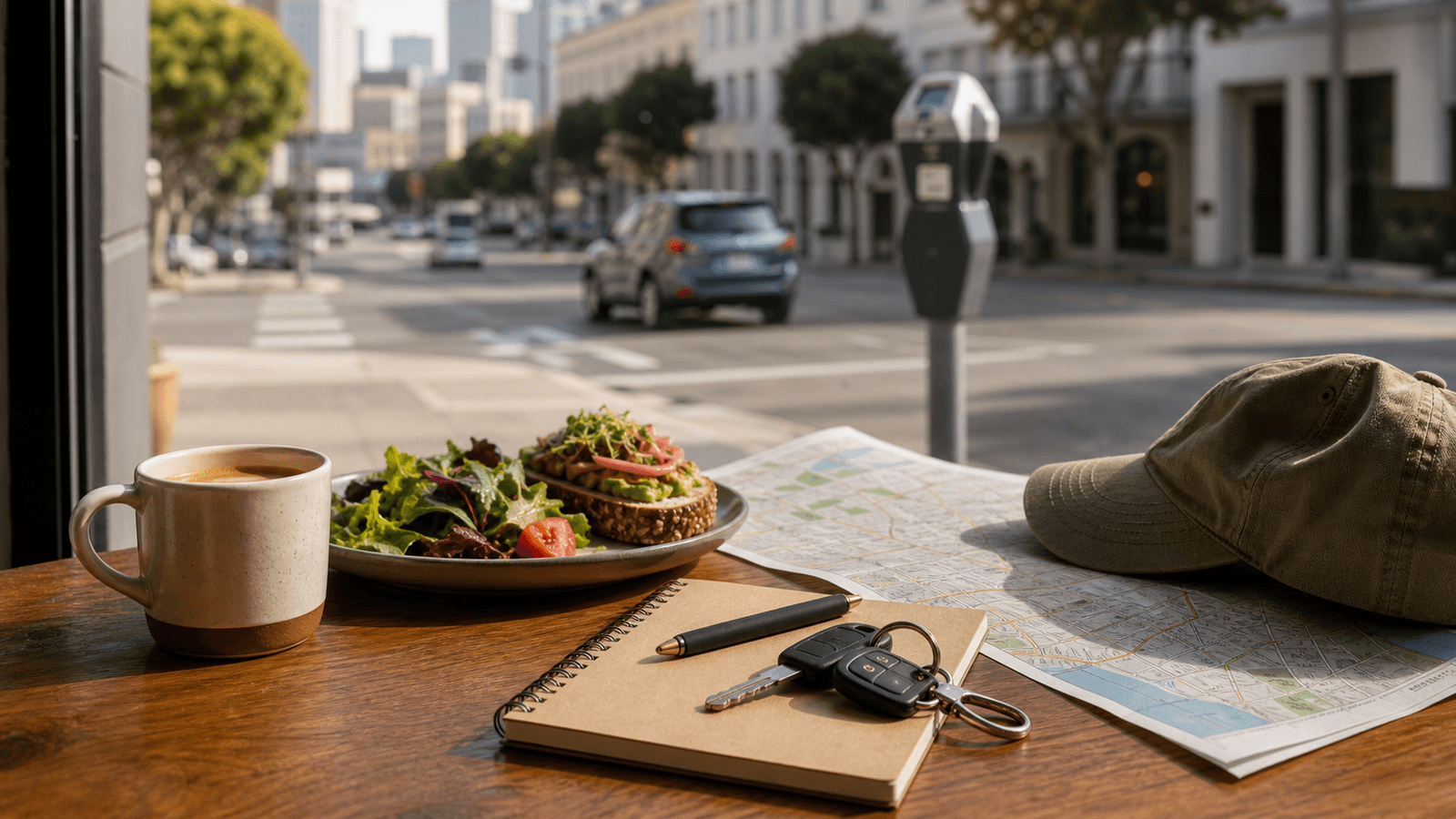 Coffee and food on a table overlooking a street with a parking meter