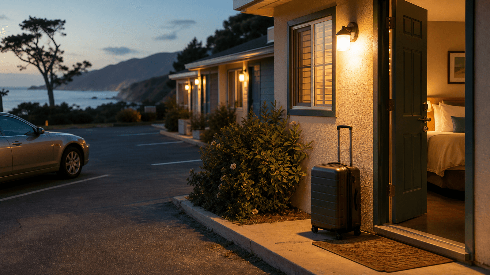 Lit room entrance with suitcase and parking beside a coastal backdrop