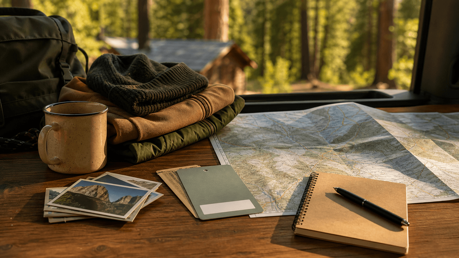 Map, notebook and unlabelled cards beside clothes and a mug