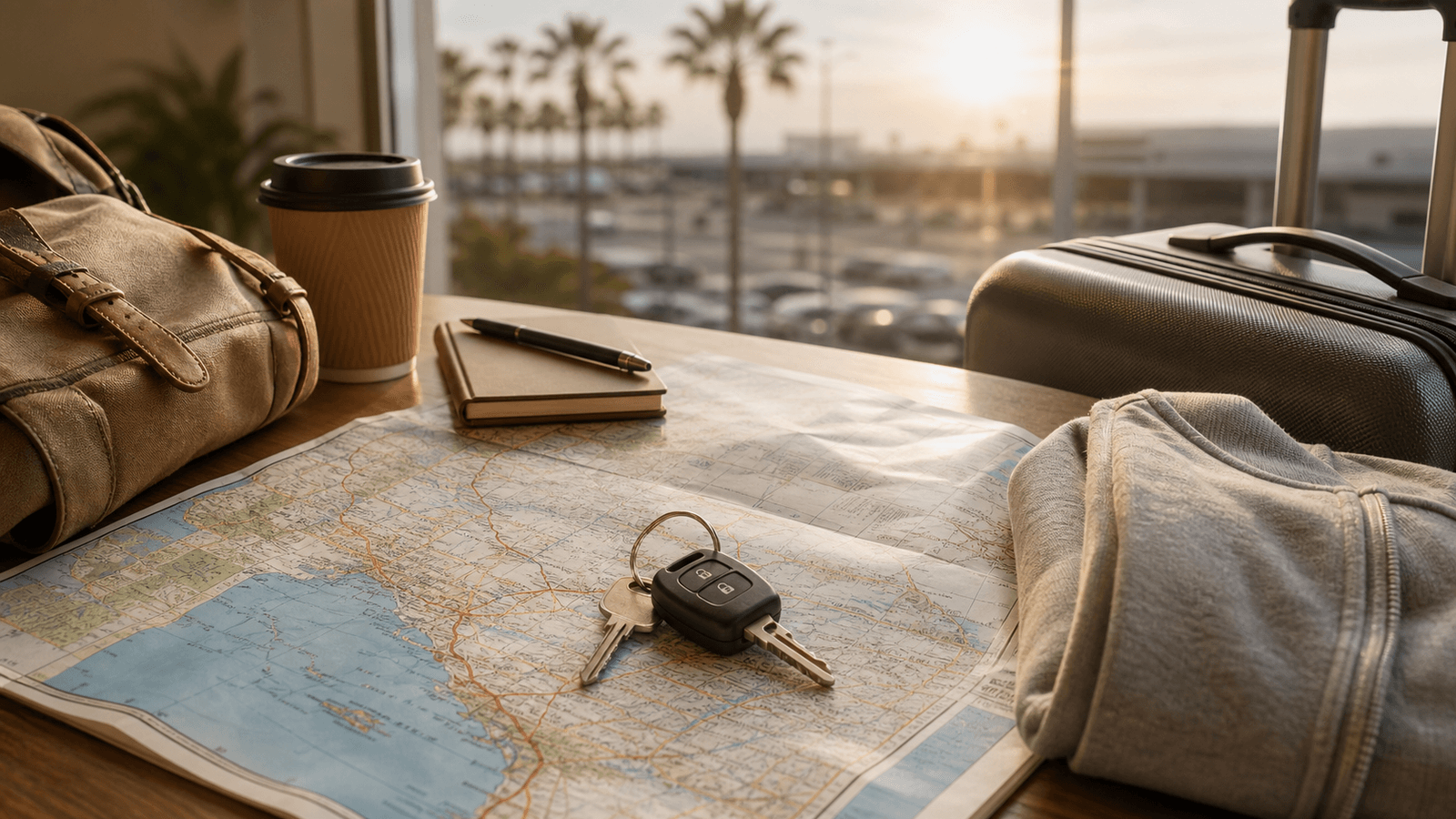 Car keys on a map beside luggage and coffee