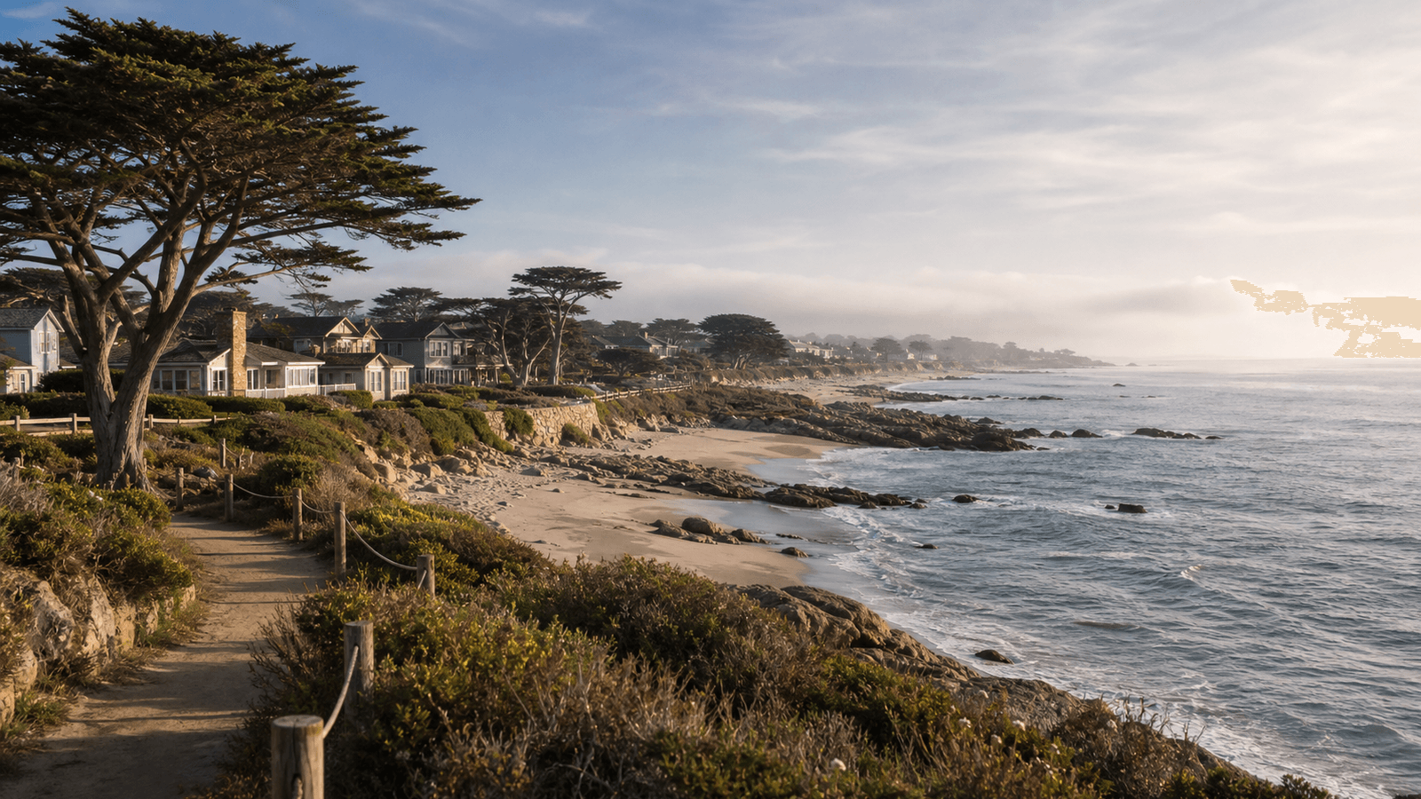 Small coastal path beside houses, trees and a rocky beach