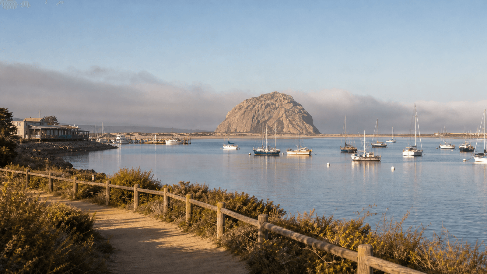 Sailboats in a harbor before a large rounded rock
