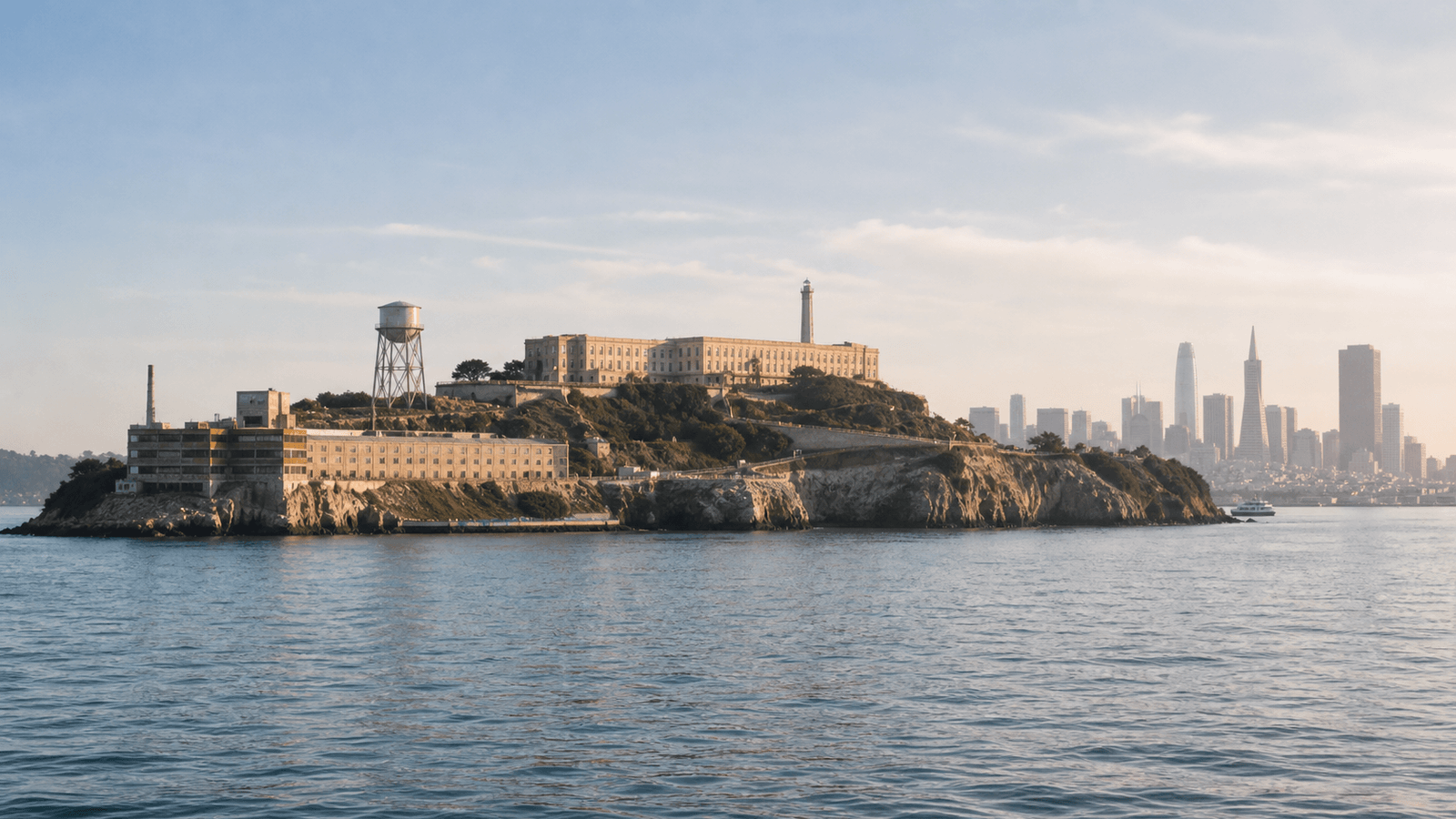 Island with large buildings and a lighthouse before a city skyline