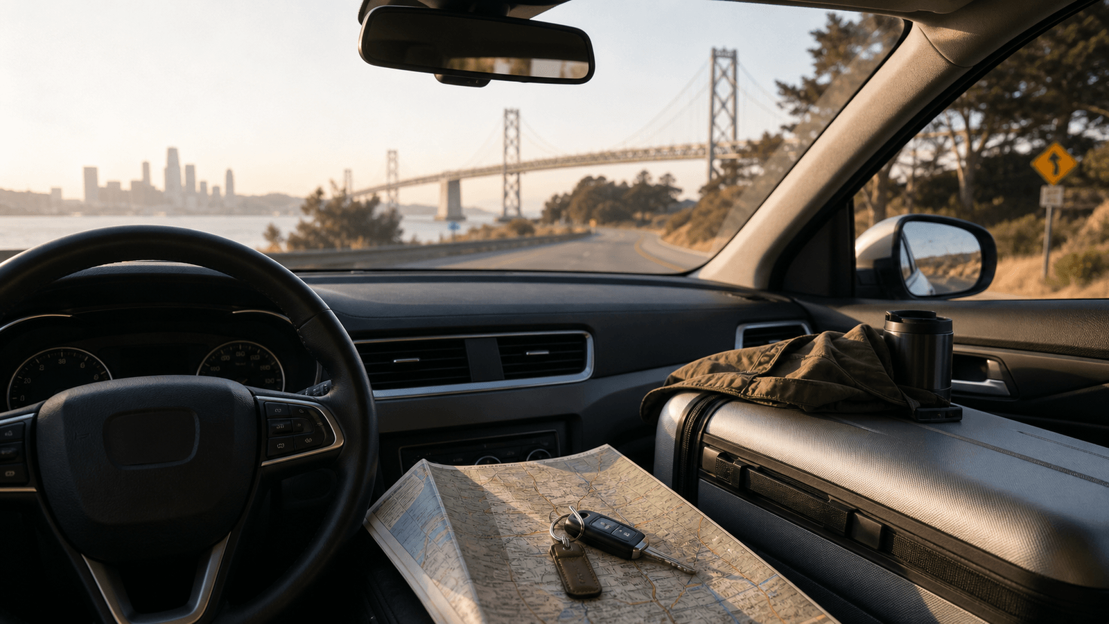 Car interior with map, keys and a suitcase against a bridge backdrop
