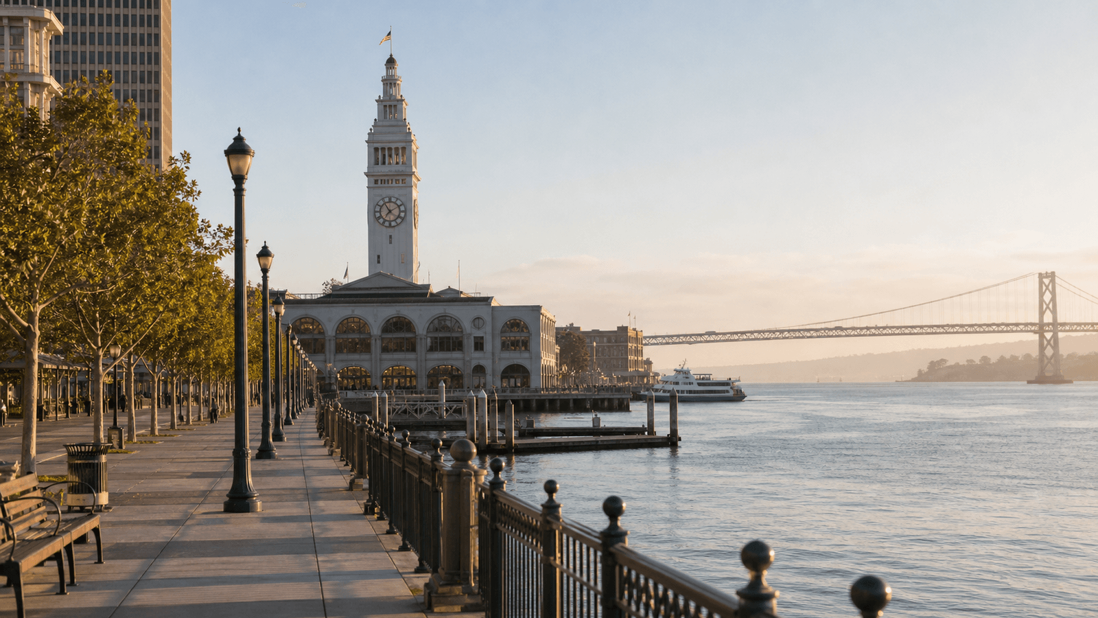Waterfront promenade beside a clock-tower building with a bridge behind