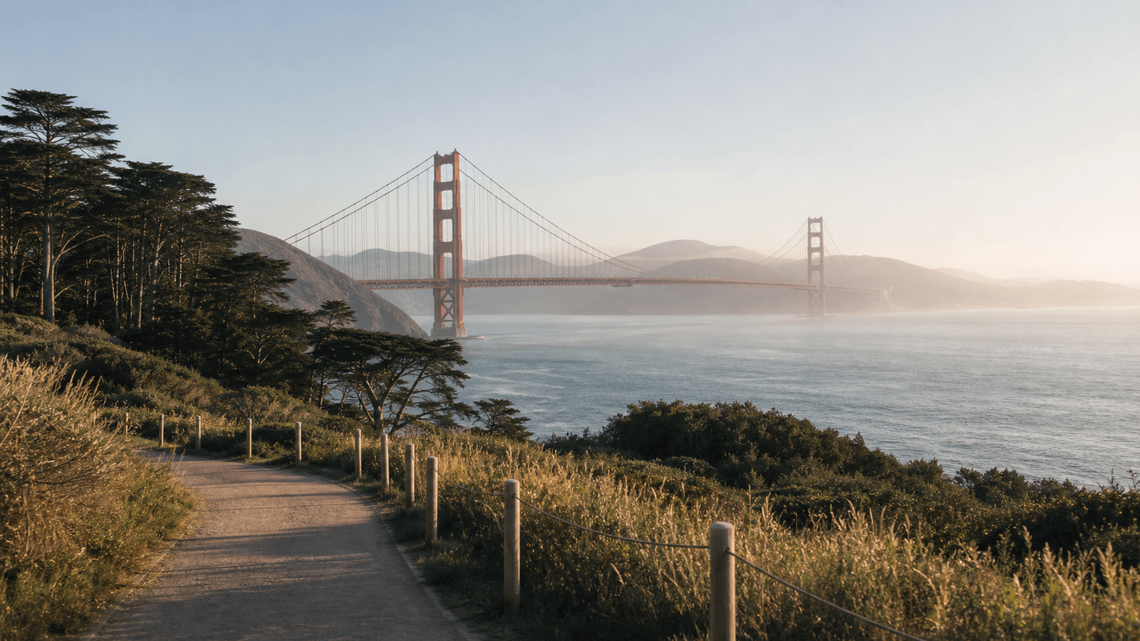 Coastal path and trees with a red suspension bridge across the bay