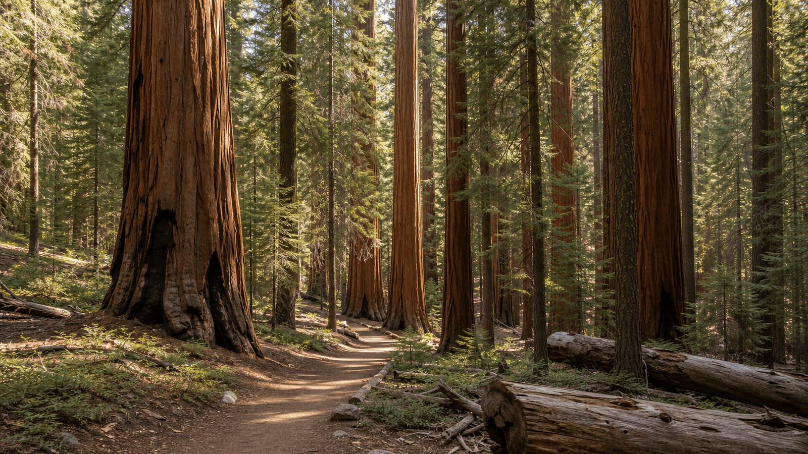 Forest path among giant sequoias and fallen trunks