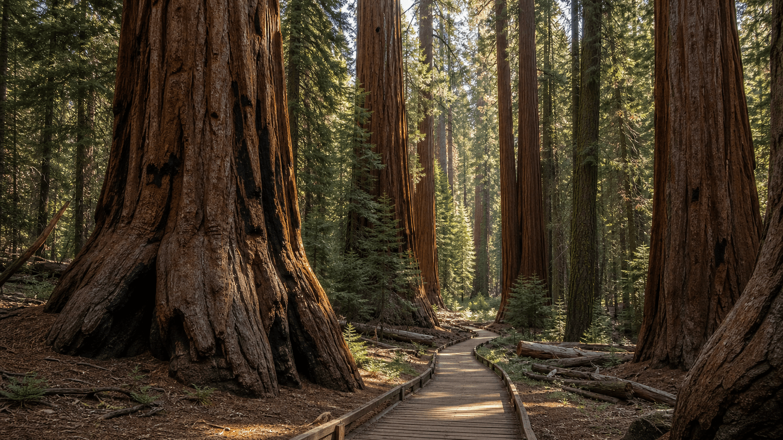 Boardwalk between massive trunks in a conifer forest