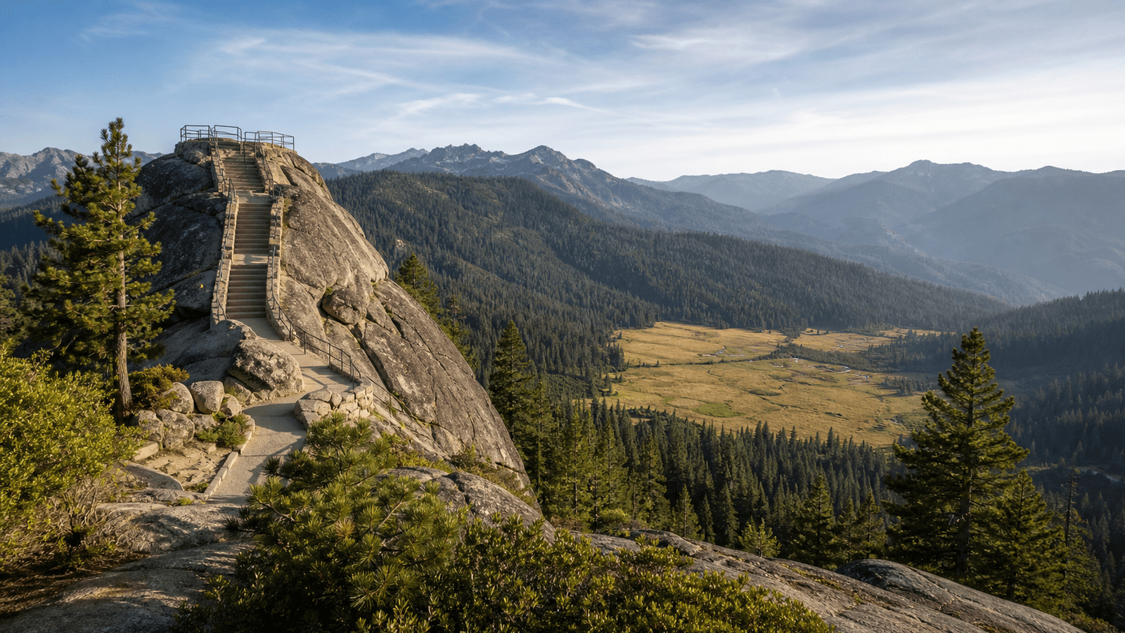 Steps and railing over a granite dome, with forest and meadow beyond