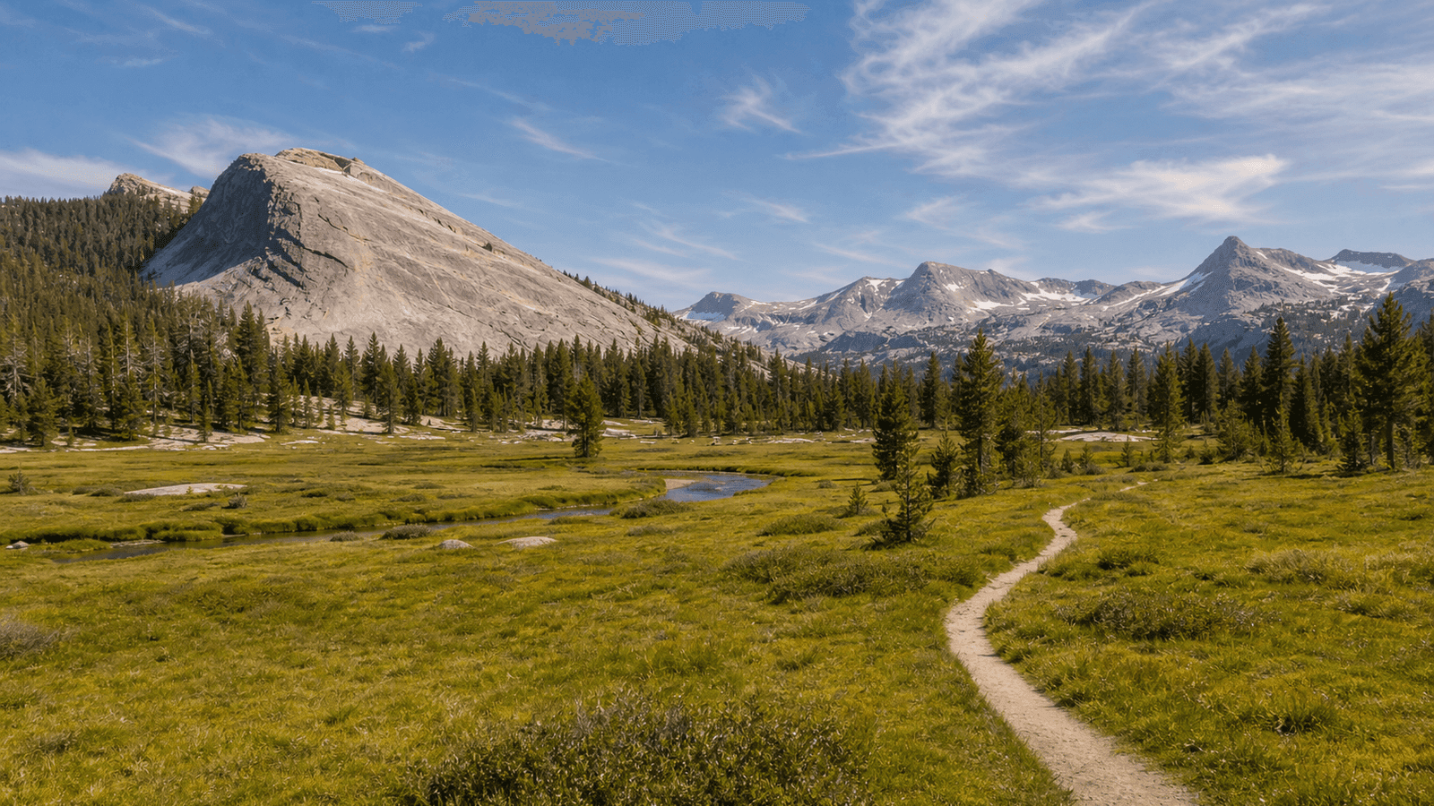 Meadow path and stream below rounded granite domes
