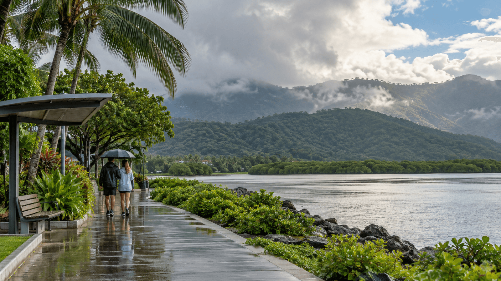 AI-generated illustration of a humid tropical coastal landscape inspired by Queensland