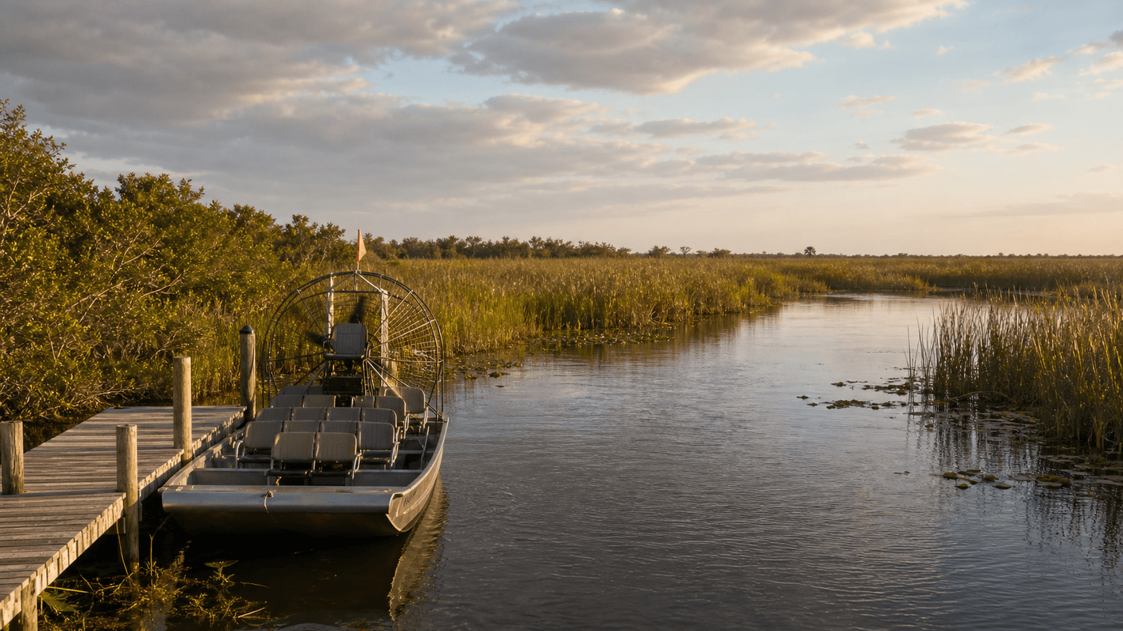 Airboat moored beside reeds