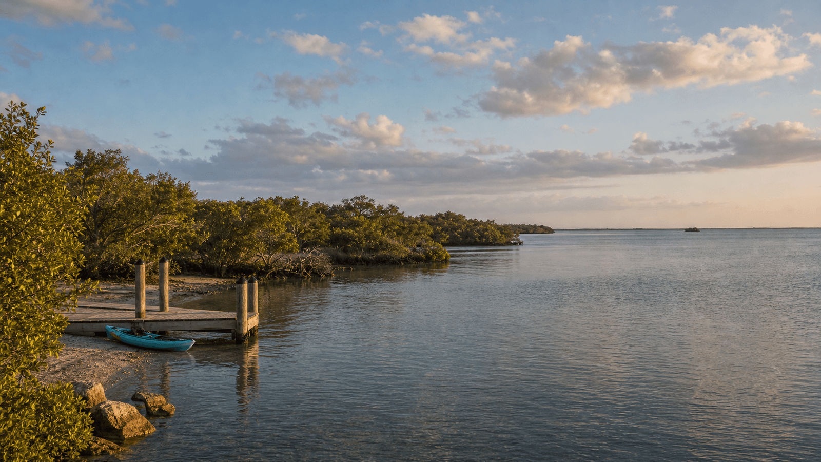 Kayak beside a dock, mangroves and open water