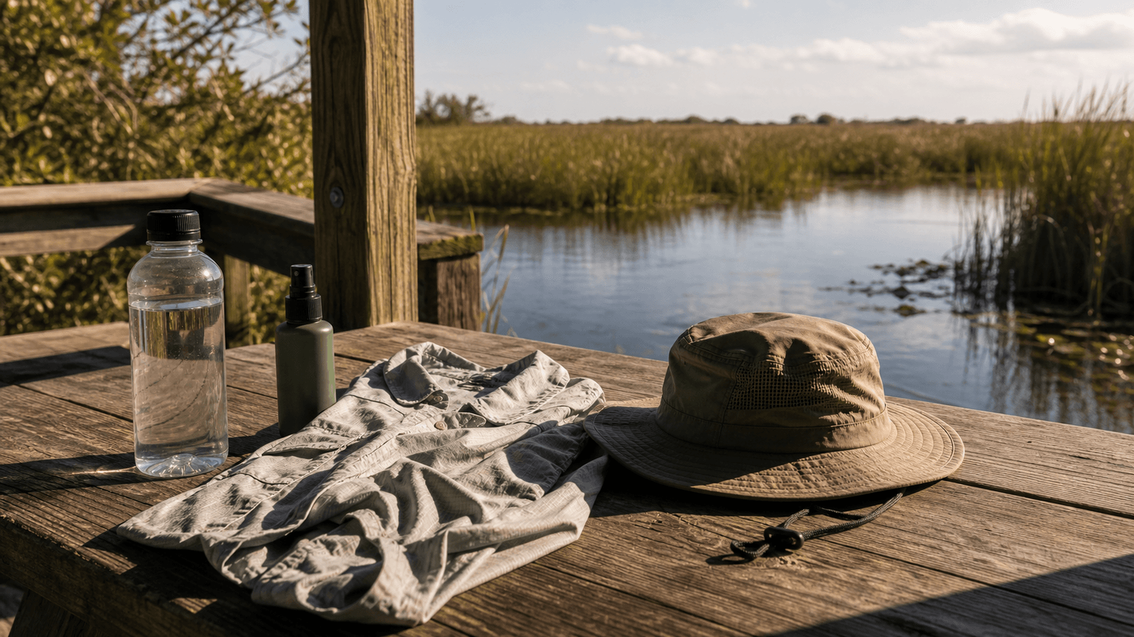 Water bottle, shirt and hat on a dock