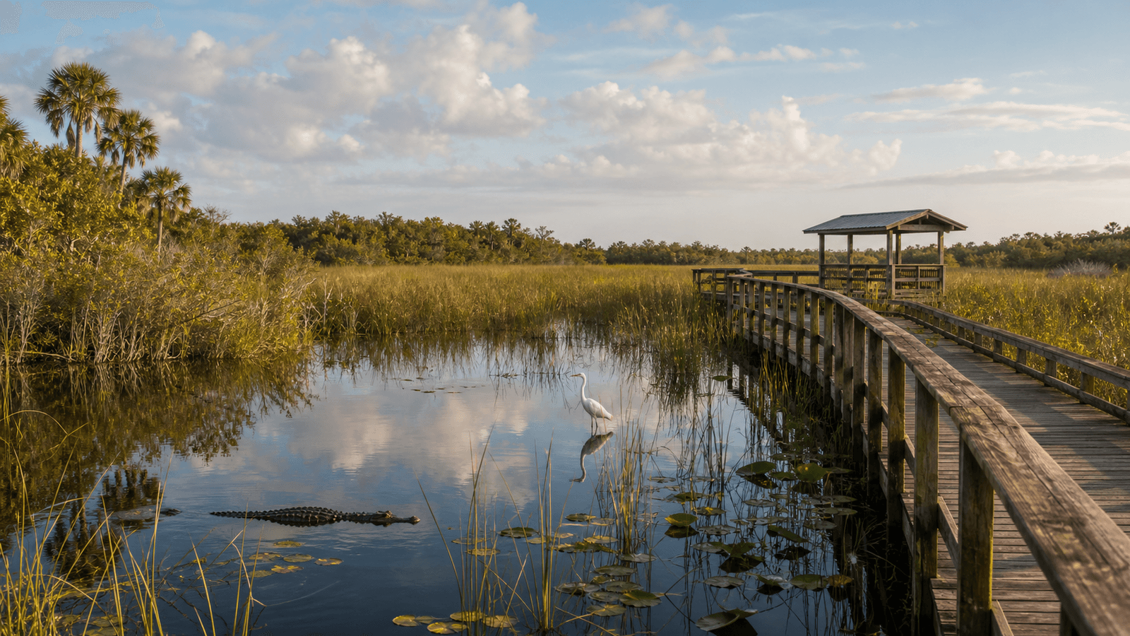 Wooden boardwalk over water with an alligator