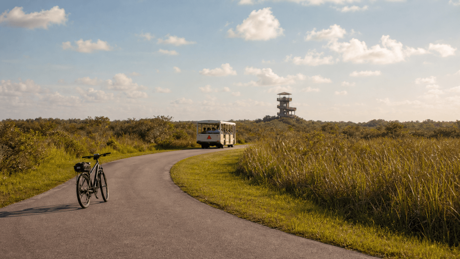 Bicycle and tram on a grassland road