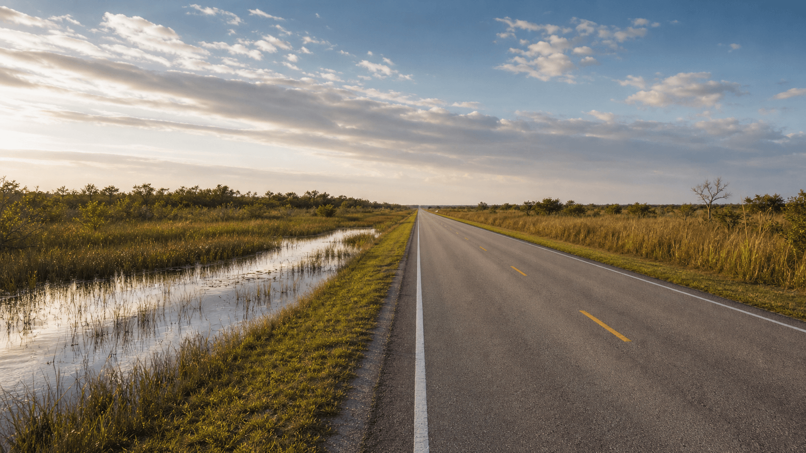 Straight road beside open water and grassland