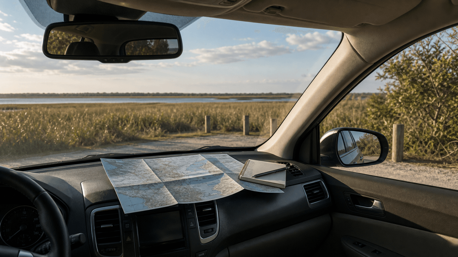 Map inside a car beside wetlands