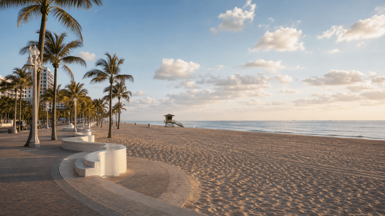 Wide sandy beach beside a palm promenade