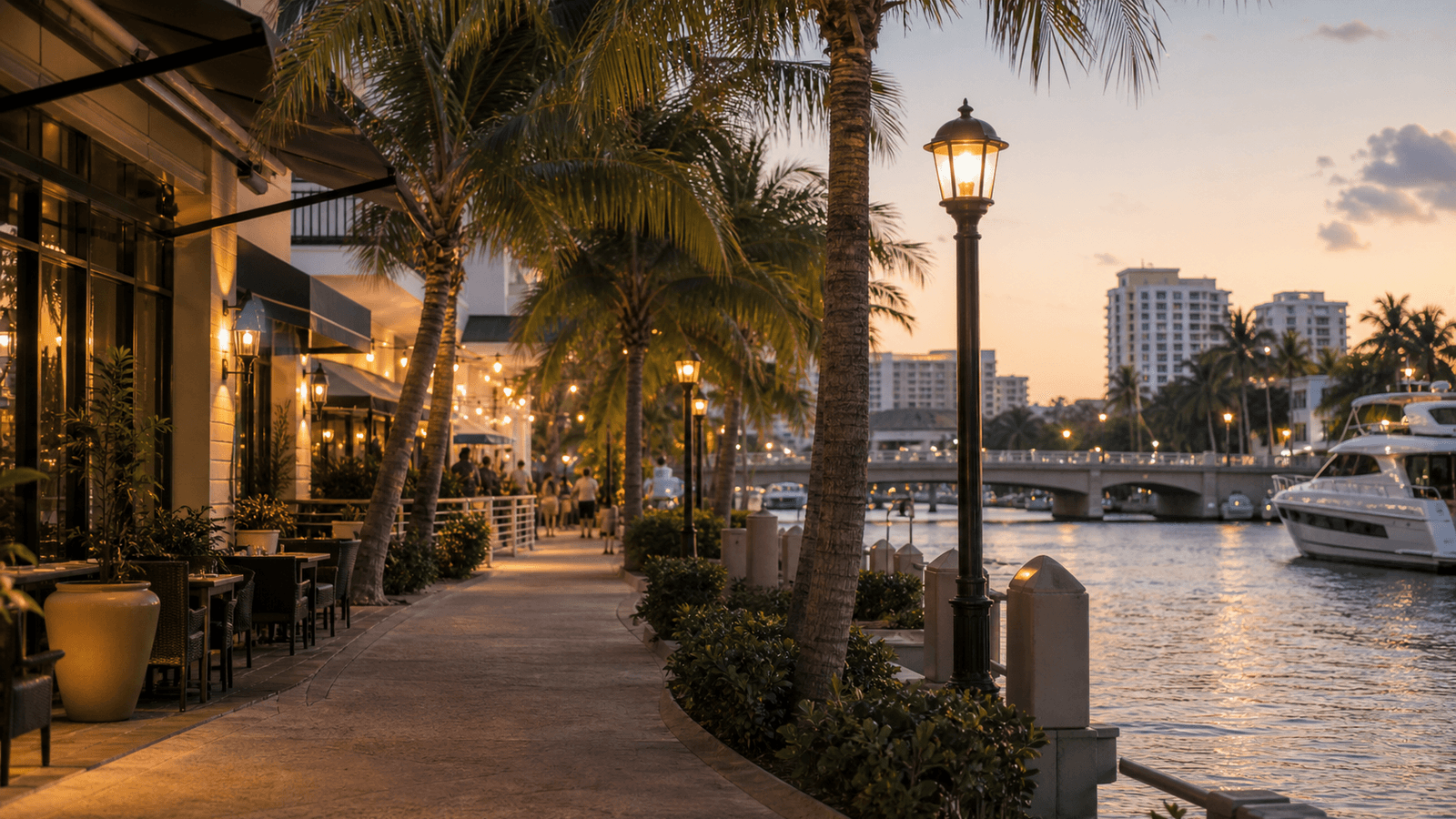 Waterfront promenade with palms and restaurants