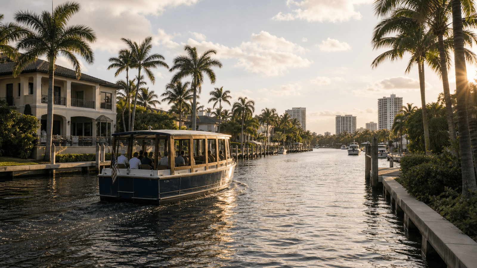Small passenger boat on a palm-lined canal