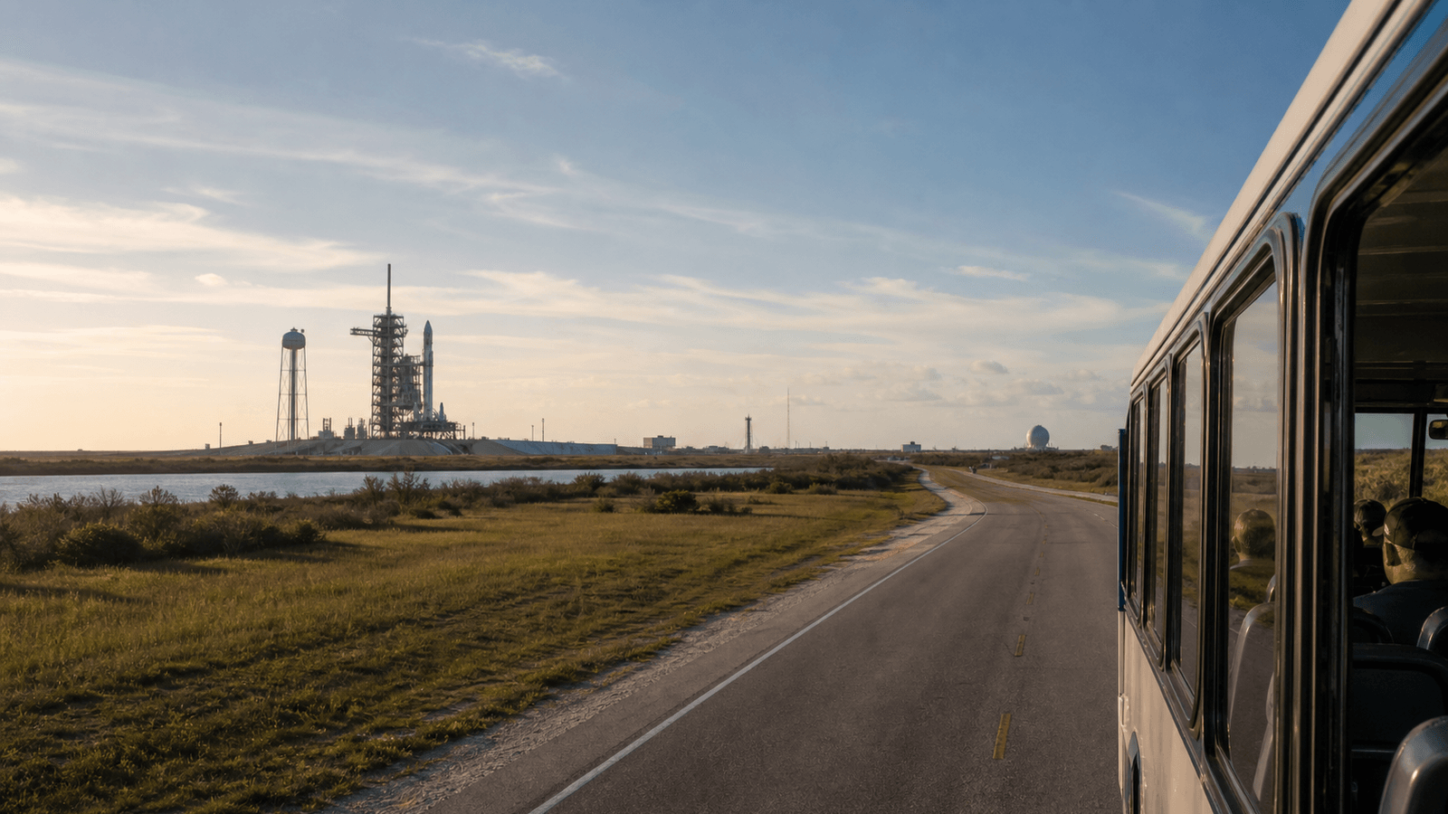 View from a bus toward a road and distant launch structure