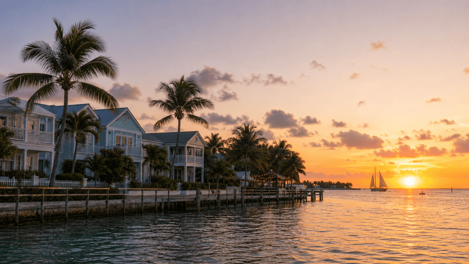 Homes and palms beside a waterway at sunset
