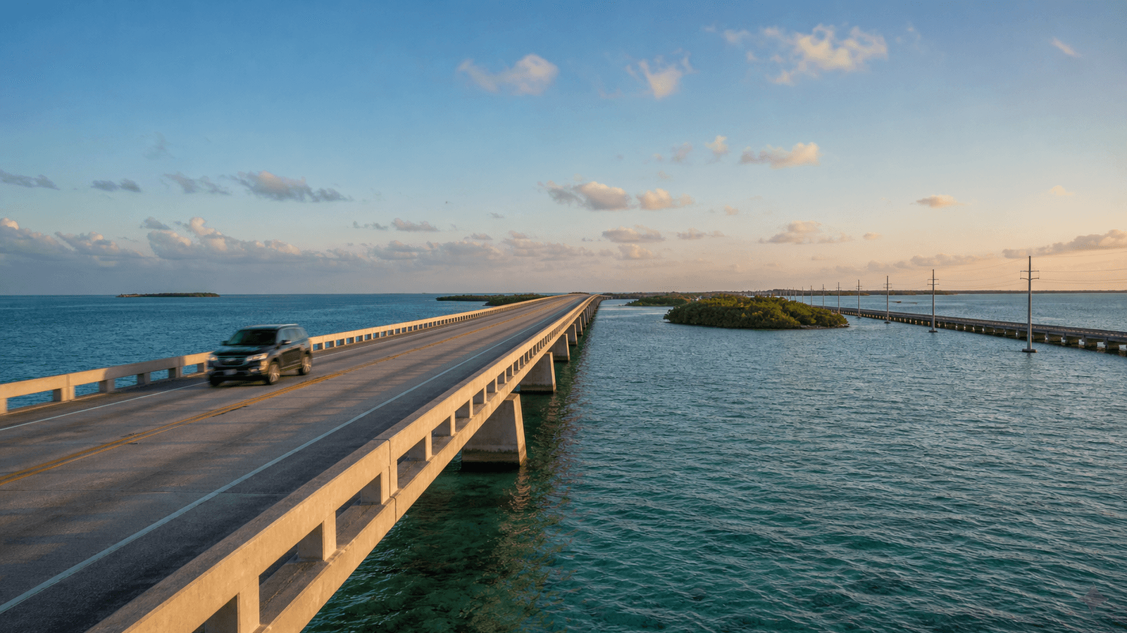 Vehicles on a long bridge over the sea