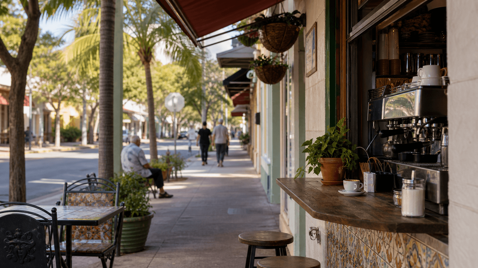 Coffee counter and seating on a shaded street