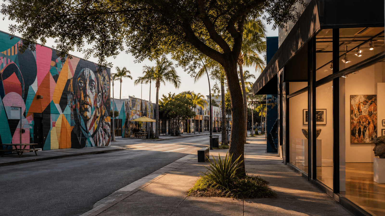 Colourful murals along a city street