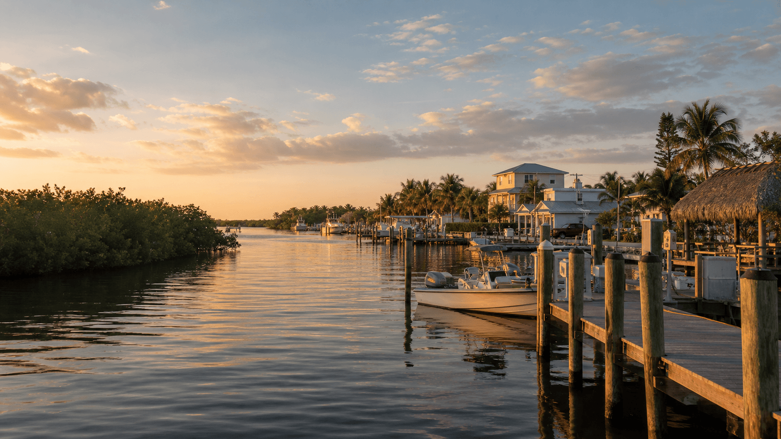 Wooden dock with boats and waterfront buildings